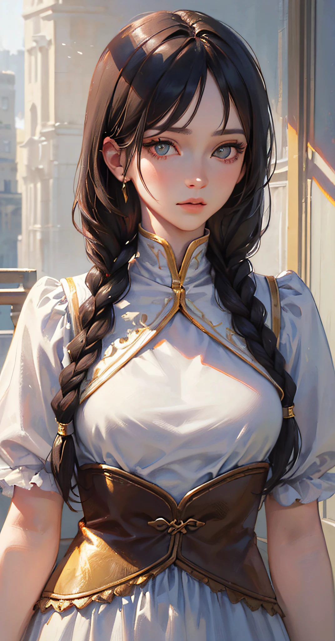 (8k, best quality, masterpiece: 1.2), (realistic, photorealistic photorealistic: 1.37), best quality, masterpiece, unity, an extremely delicate beauty, extremely detailed, medium breasts, fine details, masterpiece, masterpiece, golden eyes, white clothes, overlook, upper body, hair, fair skin, side braids