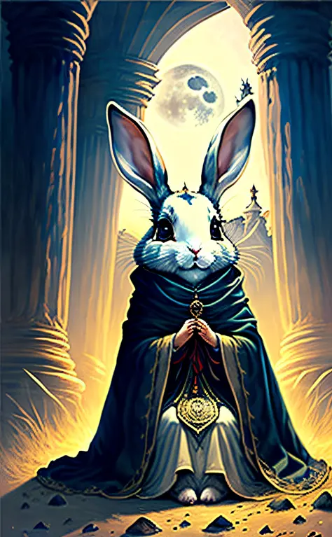 The High Priestess

"A rabbit with a mysterious smile, sitting between two pillars. A ghostly veil covers her. An eerie full moon shines behind her."
