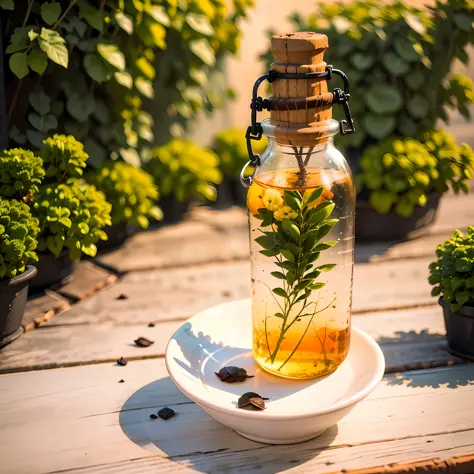 a bottle surrounded by liquid gold, tea leaves and ruby