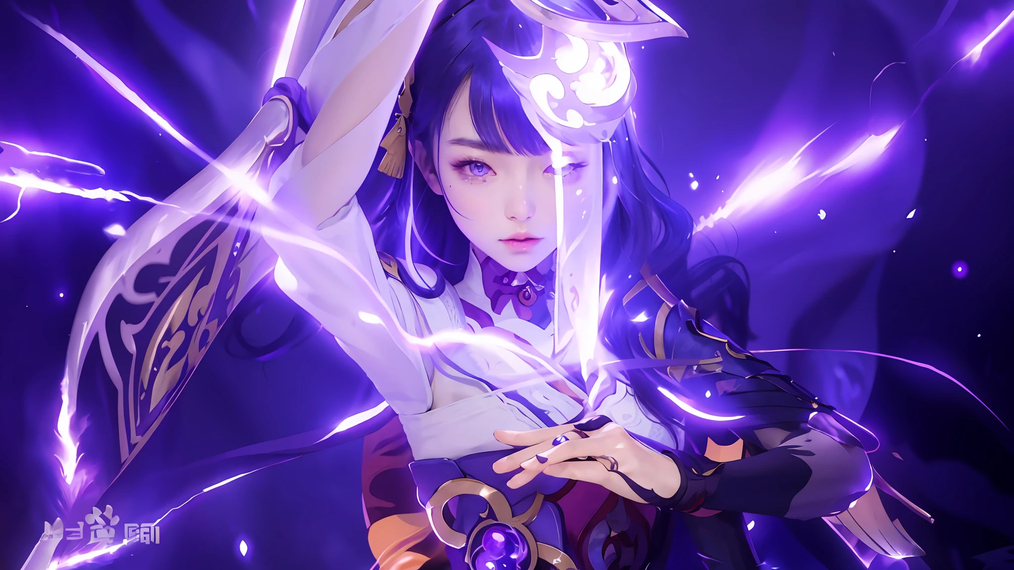 ((realistic, photo style, delicate face, best quality, super detailed)) anime characters with sword and purple lightning in the background, Ayaka Genshin Impact, Ayaka Game Genshin Impact, Genshin Impact Character, Genshin Impact Kokiyo, Genshin Impact Nakata, Should Tear Blood, Genshin Impact Style, Video Game Genshin Impact, Genshin Impact, Overlord's Tears, Genshin