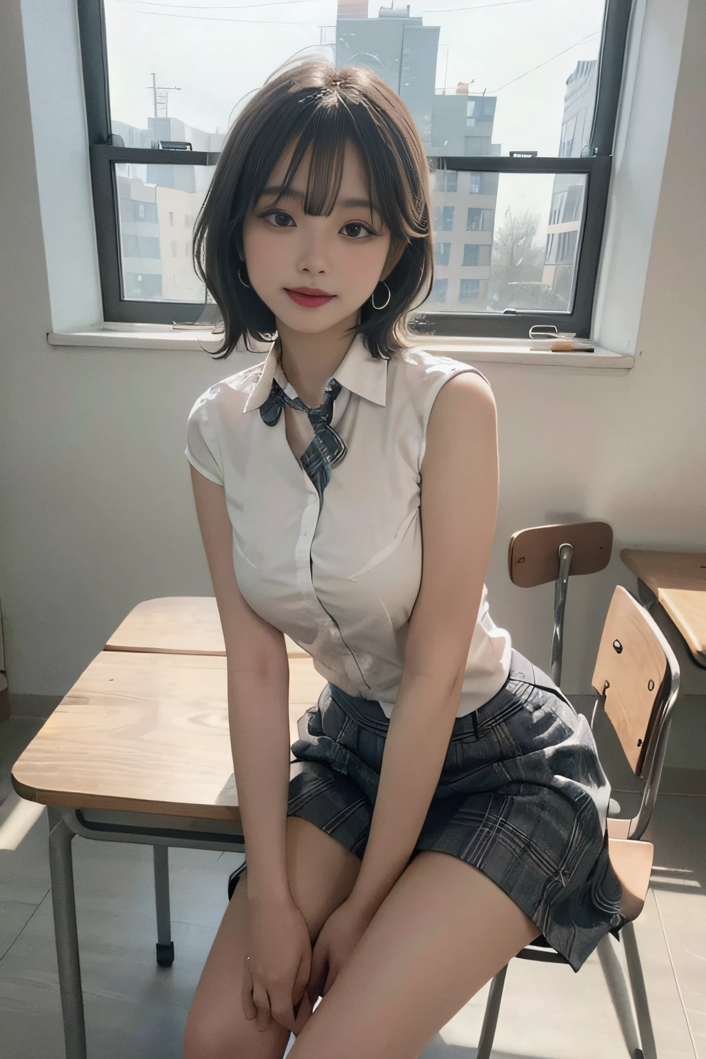 Best image quality, RAW photos, ultra-high resolution, taken from the side, gentle smile, 16-year-old Korean, very big breasts, fair skin, shiny white skin, short bob, bright silver hair, neatly aligned bangs, blazer, tie, ribbon, , collared shirt, plaid skirt, beautiful eyes, beautiful eyes of random colors, very thin lips, beautiful eyes with details, elongated eyes, pale pink cheeks, long eyelashes, beautiful double eyelids, eye shadow, beautiful thin legs, beautiful constriction, earrings, necklace, school, sitting big desk, classroom