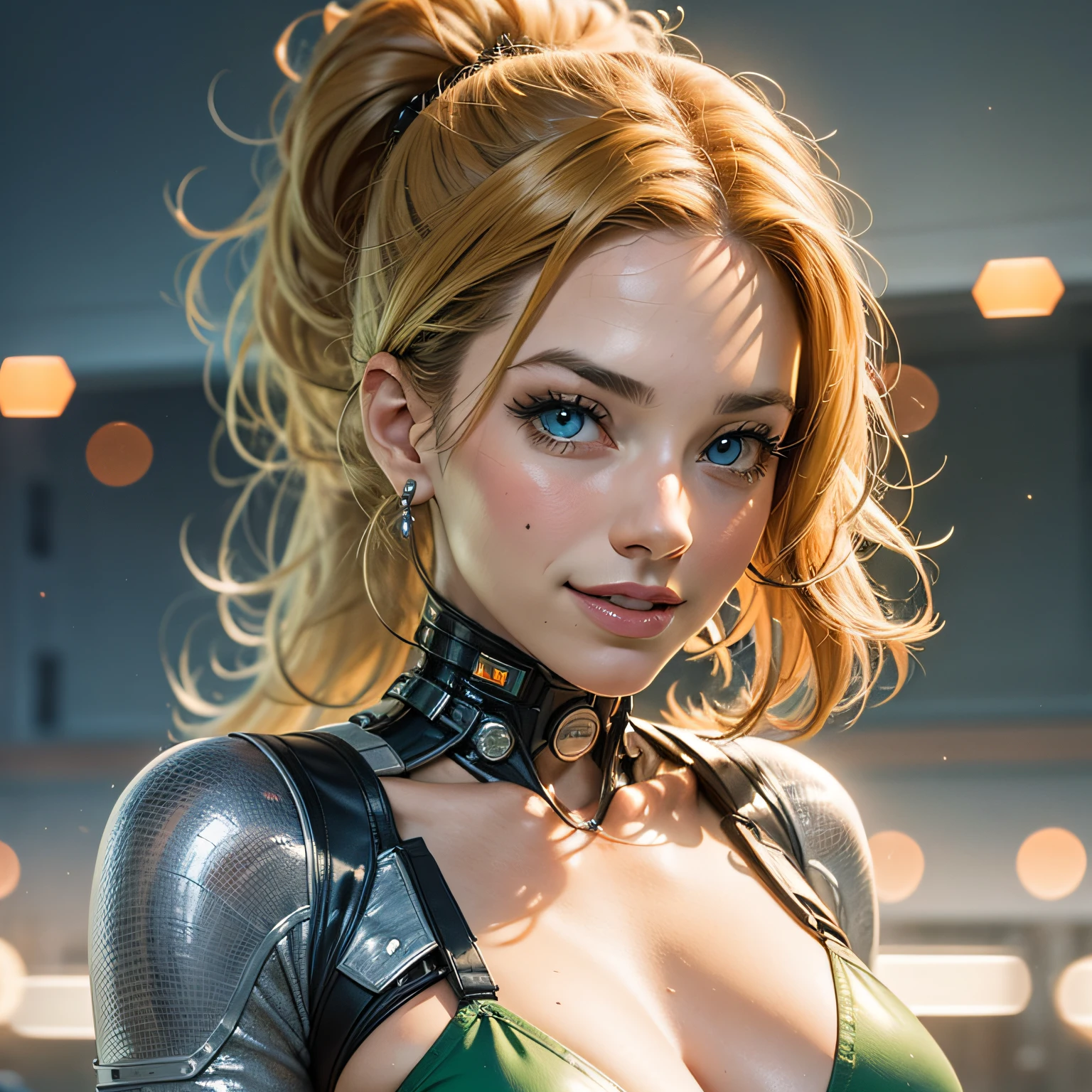 A close up of a woman in a green top and black leather pants - SeaArt AI