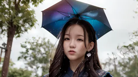 Amai Liu, (8k, RAW photo: 1.2), best quality, ultra high res, dramatic angle, (fluttered detailed splashes of color), (illustration), (((1 girl))), (long hair), (rain: 0.9), (hair ornament: 1.4), there is an ancient palace next to the girl, Chinese clothes...