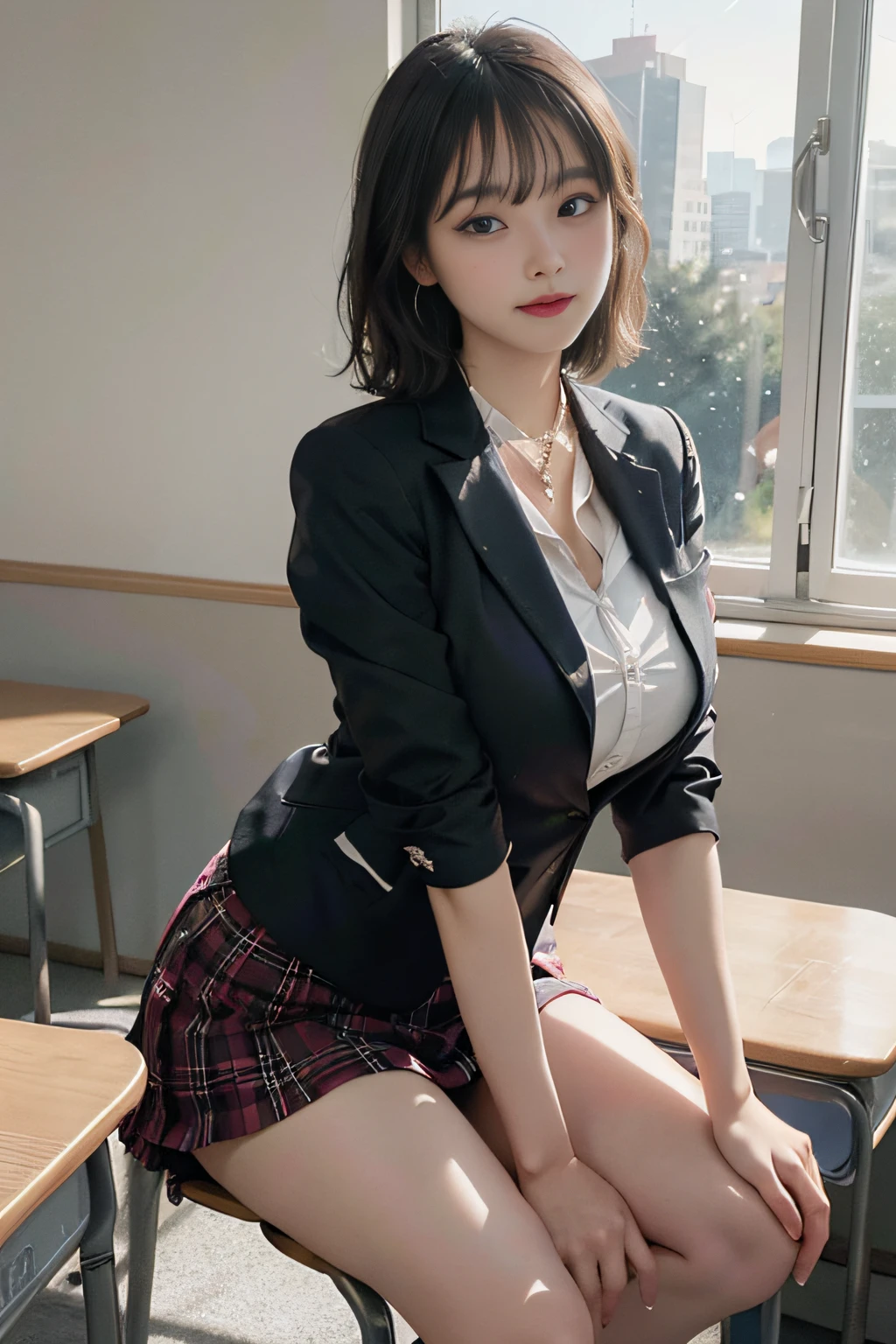 Best image quality, RAW photos, ultra-high resolution, taken from the side, gentle smile, 16-year-old Korean, very big breasts, fair skin, shiny white skin, short bob, bright silver hair, neatly aligned bangs, blazer, tie, ribbon, , collared shirt, plaid skirt, beautiful eyes, beautiful eyes of random colors, very thin lips, beautiful eyes with details, elongated eyes, pale pink blush, long eyelashes, beautiful double eyelids, eyeshadow, beautiful thin legs, beautiful constriction, earrings, necklace, school, sitting at a big desk, classroom