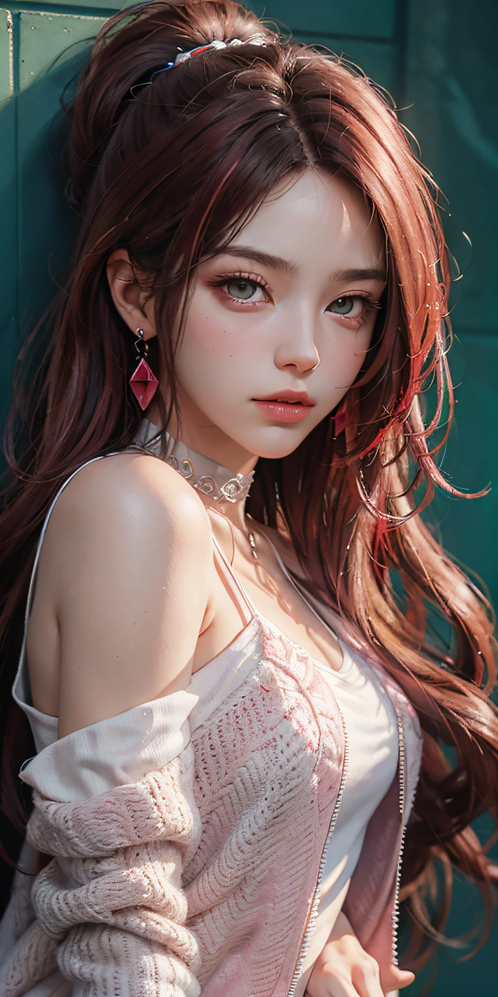(masterpiece, best quality, 1girl, solo, intricate details, chromatic aberration), realistic, ((medium breath)),bare shoulders,pink long hair,red head ornament, red highlights,green eyes, earrings,sharp eyes,perfect symmetrical body, (pureerosface_v1:0.3),choker, neon shirt, opened jacket,white spaghetti strap,against wall, brick wall, graffiti, dim lighting, alley ,look at viewer,(( caustic, seductive, charming)),
