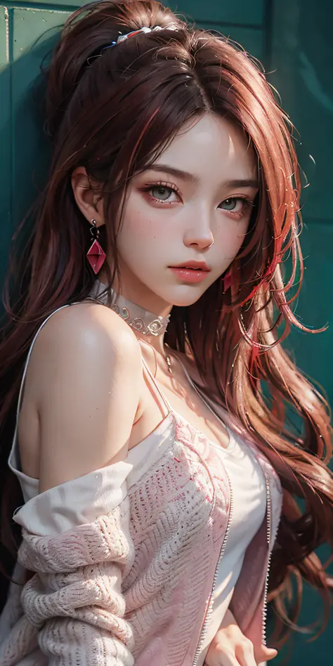 (masterpiece, best quality, 1girl, solo, intricate details, chromatic aberration), realistic, ((medium breath)),bare shoulders,pink long hair,red head ornament, red highlights,green eyes, earrings,sharp eyes,perfect symmetrical body, (pureerosface_v1:0.3),...