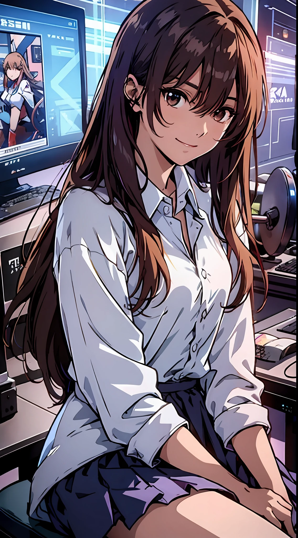 Top Quality:1.0), (Ultra High Definition:1.0), Anime Beautiful Girl, Long Hair, Brown Eyes, Sitting in Front Computer Playing Games, Esports Room Background, (ulzzang-6500-v1.1:0.8), (Photorealistic: 1.4), Cinema Light, Depth of Field,Beautiful Face, (PureErosFace_V1:0.3), Very delicate and beautiful, highly detailed,CG ,Unity,8k wallpaper, amazing, fine details, masterpiece,best quality, best quality, 1girl, beautiful detailed girl, highly detailed eyes and face, beautiful detailed eyes,(small hips:1.3), (small breasts:0.3),(((shirt with collar)))、((skirt))、lab coat, see here with a slight smile