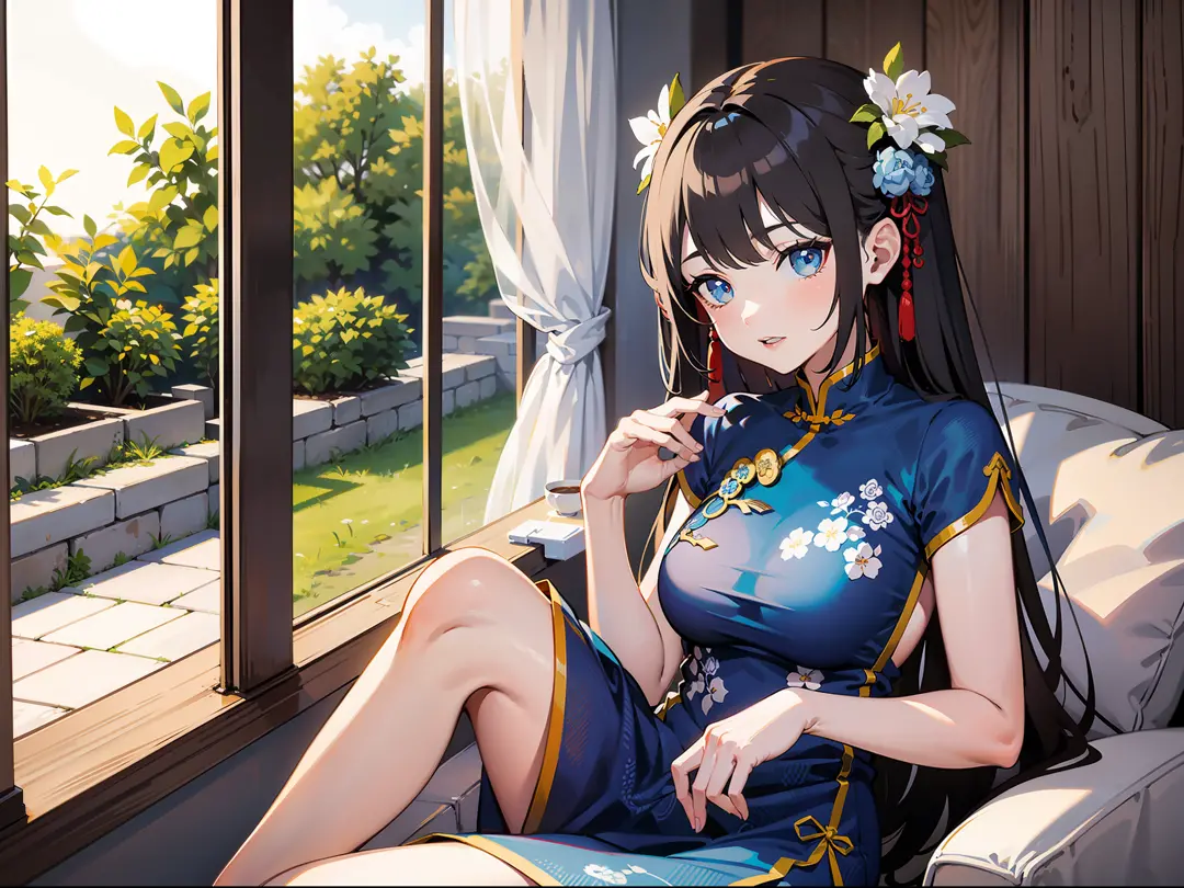 1woman, sitting, in Chinese-style, qipao dress, with traditional, blue-and-white porcelain patterns