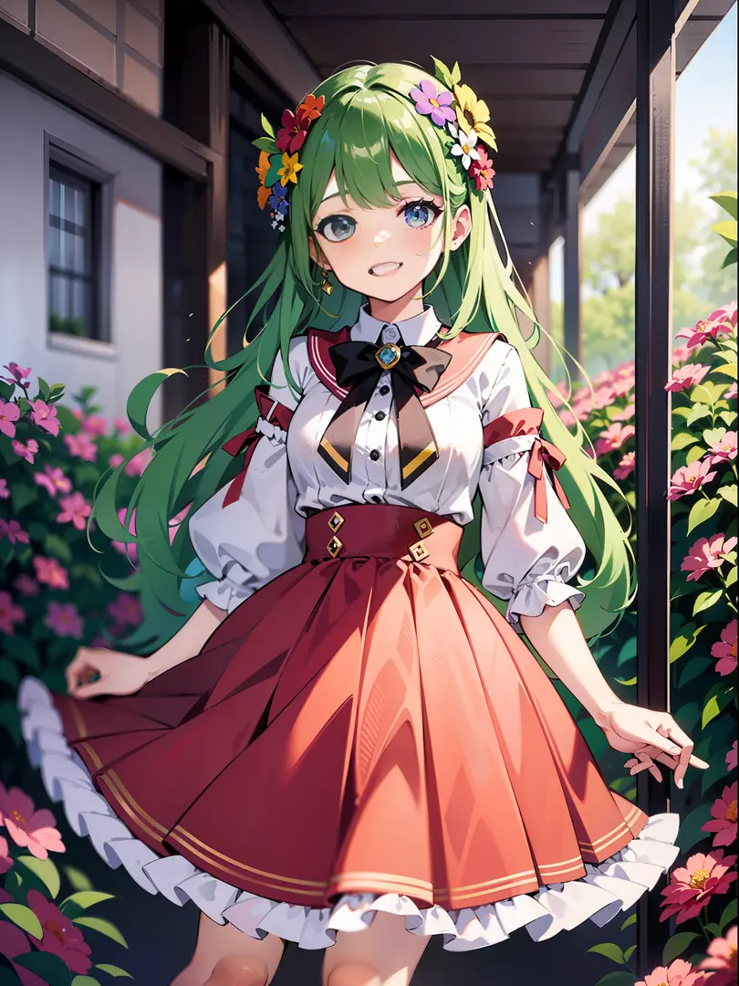 A girl dressed in a vibrant and colorful outfit, wearing a pleated skirt that sways with every step she takes. The artwork showcases her joyful and playful personality as she stands amidst a colorful array of blooming flowers. Her outfit features a mix of ...