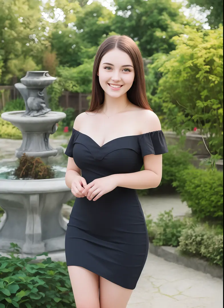 Best quality, masterpiece, ultra high res, (photorealistic:1.4), raw photo, 1girl, beautiful 27 year old woman, large breasts, black mini dress, off one shoulder, detailed garden, glowing skin, smile