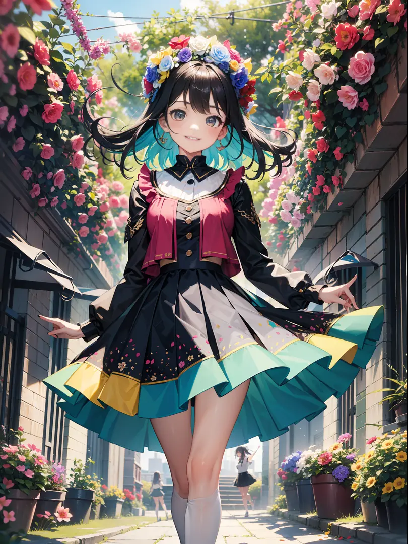 A girl dressed in a vibrant and colorful outfit, wearing a pleated skirt that sways with every step she takes. The artwork showc...