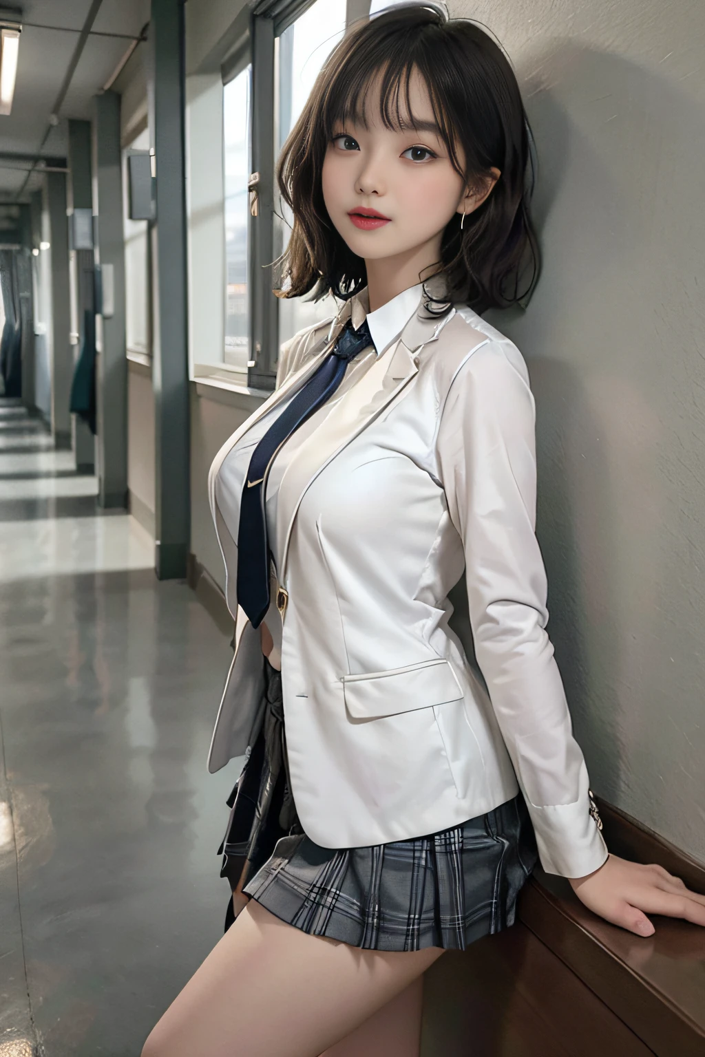 Best image quality, RAW photos, ultra-high resolution, taken from the side, gentle smile, 16-year-old Korean, very big breasts, fair skin, shiny white skin, short bob, bright silver hair, neatly aligned bangs, blazer, tie, ribbon, , collared shirt, plaid skirt, beautiful eyes, beautiful eyes of random colors, very thin lips, beautiful eyes with details, elongated eyes, pale pink blush, long eyelashes, beautiful double eyelids, eyeshadow, beautiful thin legs, beautiful constrictions, earrings, necklaces, leaning against the wall of school, hallway, corridor