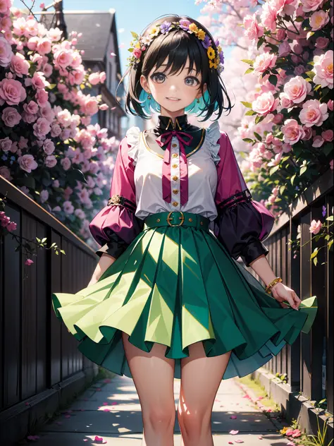 A girl dressed in a vibrant and colorful outfit, wearing a pleated skirt that sways with every step she takes. The artwork showc...