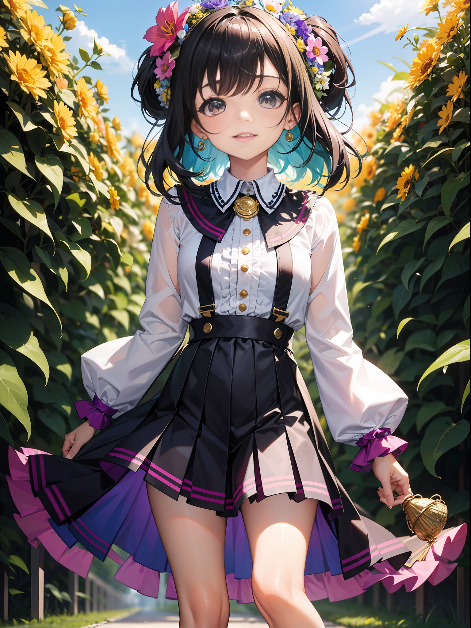 A girl dressed in a vibrant and colorful outfit, wearing a pleated skirt that sways with every step she takes. The artwork showcases her joyful and playful personality as she stands amidst a colorful array of blooming flowers. Her outfit features a mix of bright and cheerful hues, reflecting her vibrant spirit. The pleated skirt adds a touch of elegance and movement to her ensemble, creating a sense of whimsy. The scene is adorned with an abundance of flowers, filling the air with their sweet fragrance and vibrant colors. The combination of the girl's colorful attire and the surrounding blooms creates a visually captivating and cheerful image.