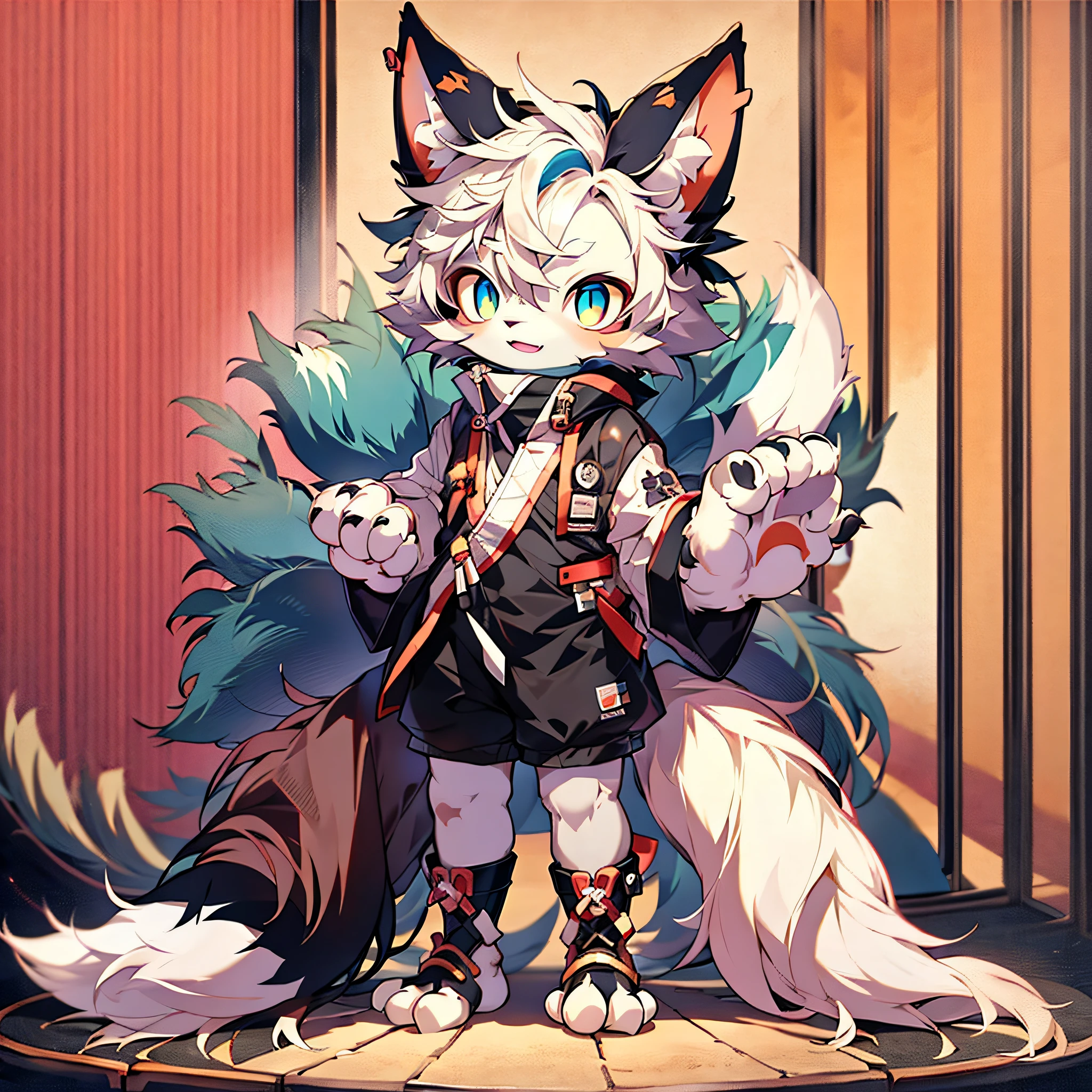 Furry Fox Forelimb Hands Hindlimb Leg Foot Standing Shota Little Boy Overall White Head, Arms, Body and Legs with Blue-Black Pattern All Body with Pink Meat Mats Eyes Blue Furry No Clothing Two Ears