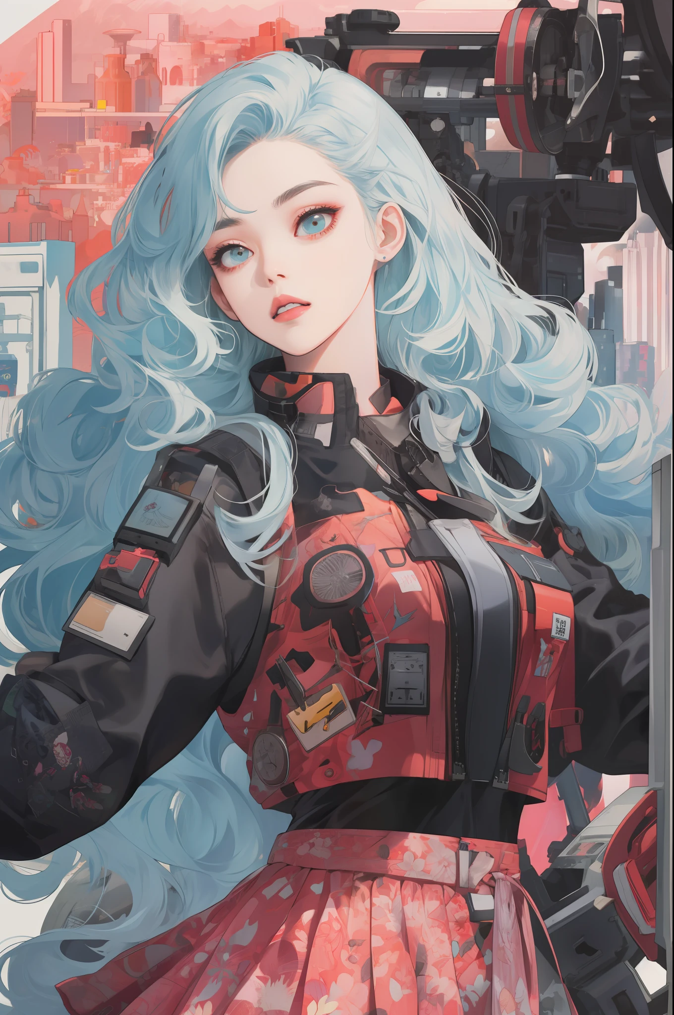 (masterpiece, best quality), beautiful woman, detailed printed cropped top, skirt, wavy hair, beautiful face, perfect face, big gorgeous eyes, parted lips, perfect slim fit body, seoul cyberpunk city, bright colors, (risograph)