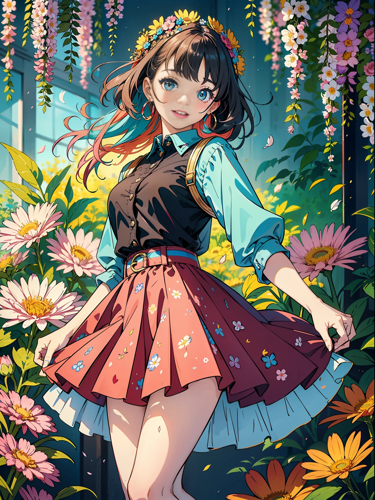 A girl dressed in a vibrant and colorful outfit, wearing a pleated skirt that sways with every step she takes. The artwork showcases her joyful and playful personality as she stands amidst a colorful array of blooming flowers. Her outfit features a mix of bright and cheerful hues, reflecting her vibrant spirit. The pleated skirt adds a touch of elegance and movement to her ensemble, creating a sense of whimsy. The scene is adorned with an abundance of flowers, filling the air with their sweet fragrance and vibrant colors. The combination of the girl's colorful attire and the surrounding blooms creates a visually captivating and cheerful image.