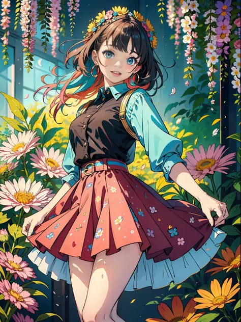 a girl dressed in a vibrant and colorful outfit, wearing a pleated skirt that sways with every step she takes. the artwork showc...