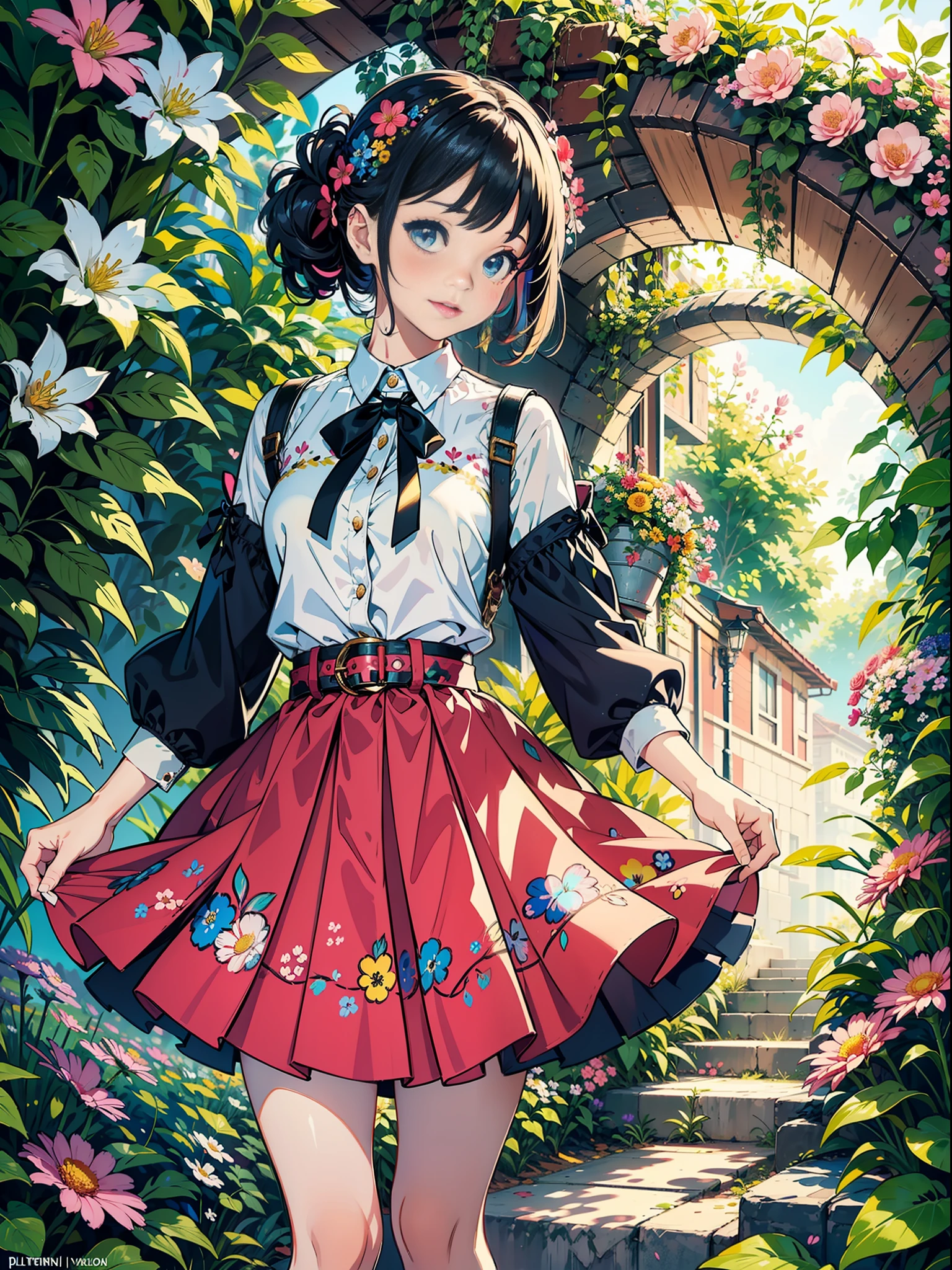 A girl dressed in a vibrant and colorful outfit, wearing a pleated skirt that sways with every step she takes. The artwork showcases her joyful and playful personality as she stands amidst a colorful array of blooming flowers. Her outfit features a mix of bright and cheerful hues, reflecting her vibrant spirit. The pleated skirt adds a touch of elegance and movement to her ensemble, creating a sense of whimsy. The scene is adorned with an abundance of flowers, filling the air with their sweet fragrance and vibrant colors. The combination of the girl's colorful attire and the surrounding blooms creates a visually captivating and cheerful image.