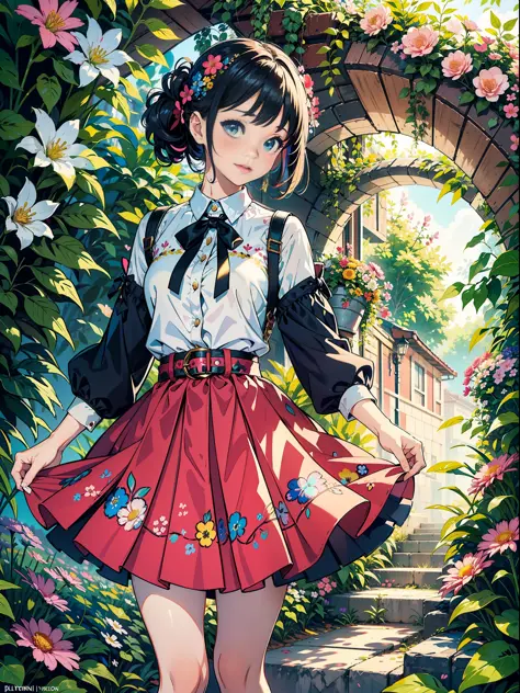 a girl dressed in a vibrant and colorful outfit, wearing a pleated skirt that sways with every step she takes. the artwork showc...