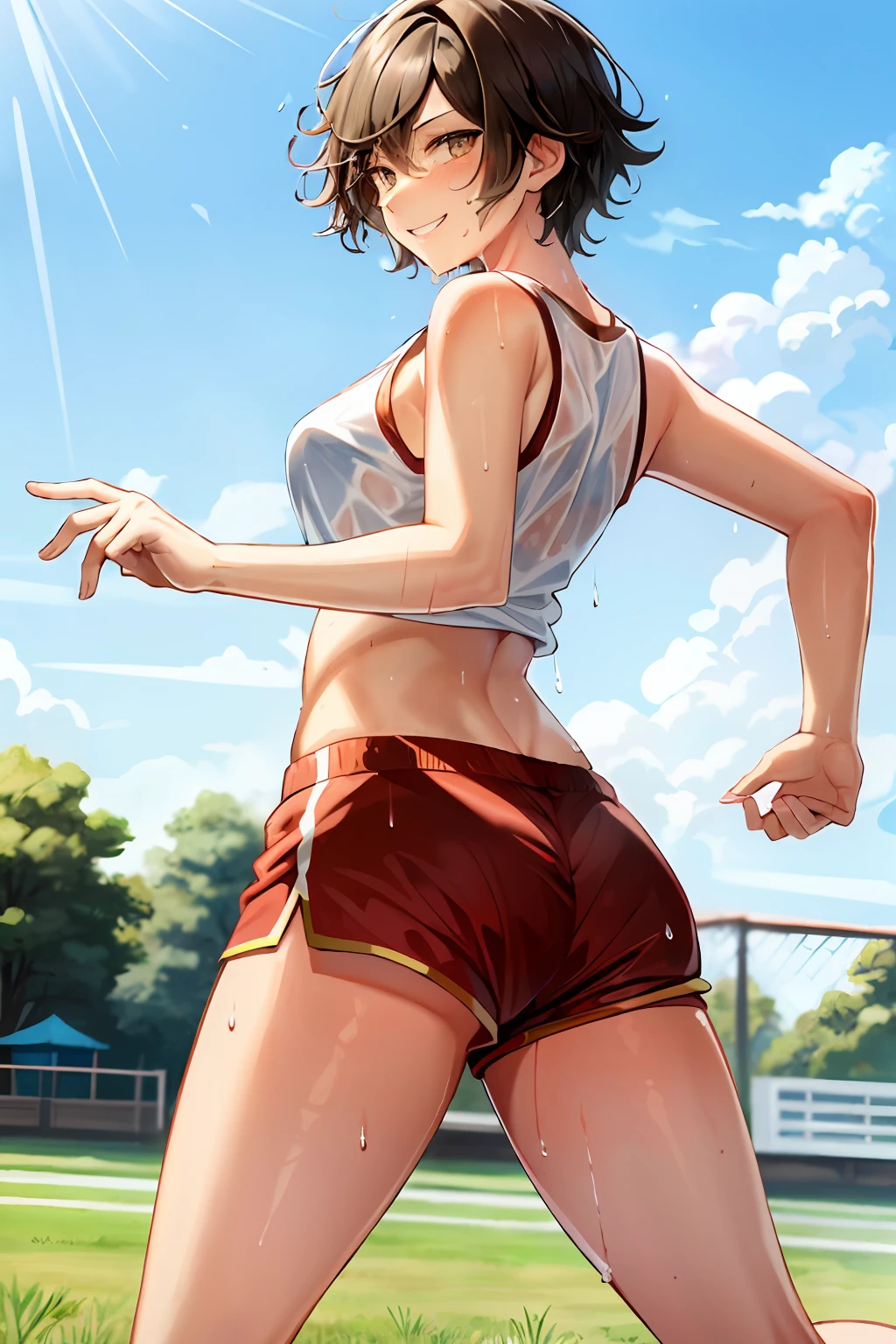 Chica anime con pantalones cortos y camiseta sin mangas corriendo en un  campo. - SeaArt AI