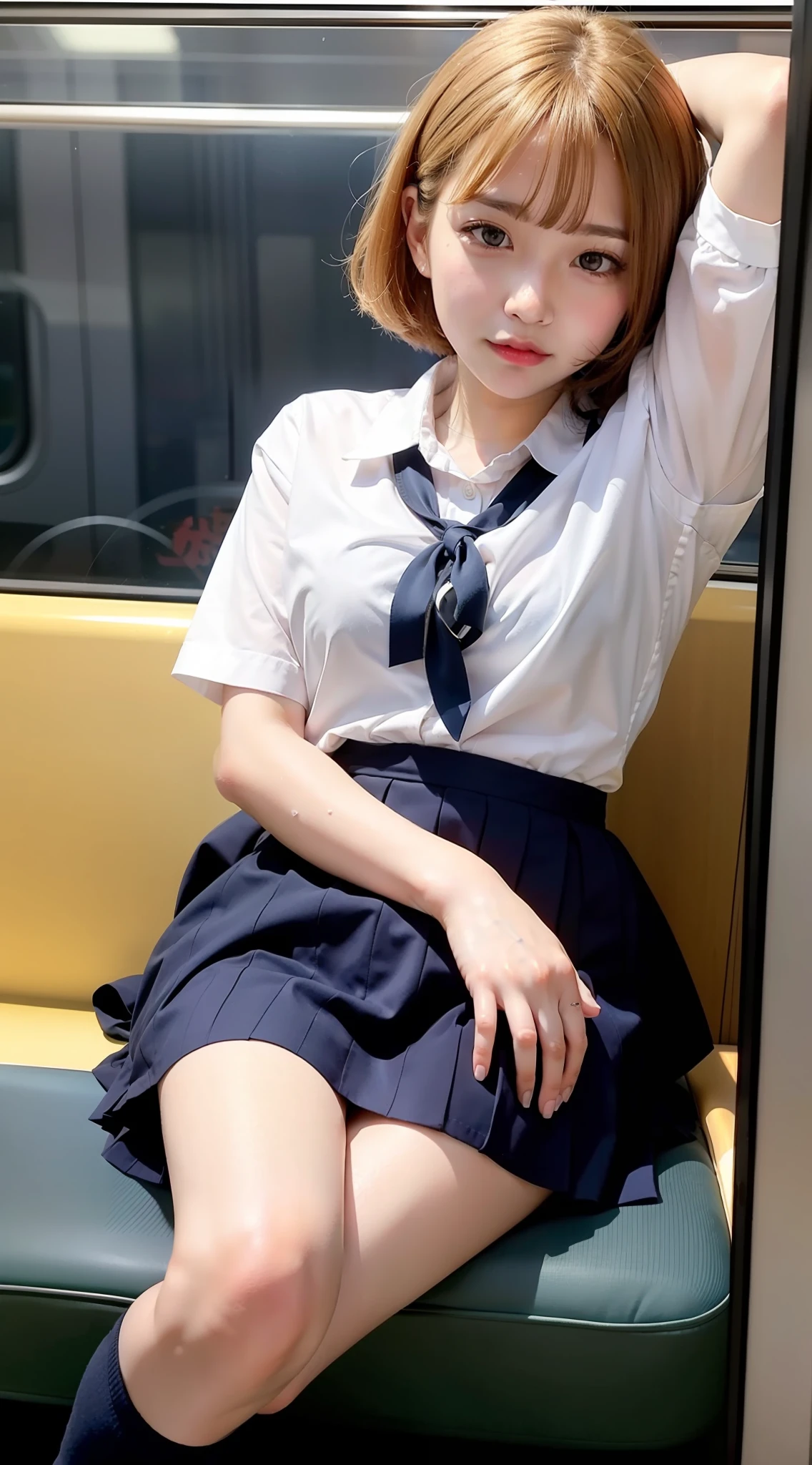Japanese Girls、18 year old girl、ple short hair、Blond Hair、bangs、BROWN EYES、Perfect figure、Sense of transparency、luster、glosodest chest、School Uniforms、Navy blue ribbon、Light blue shirt、Navy blue skirt、Guangyue、Burning body、hposing Gravure Idol、On the train、Beautiful feet、Strong sunlight、Nasty、Rain-drenched body、wet