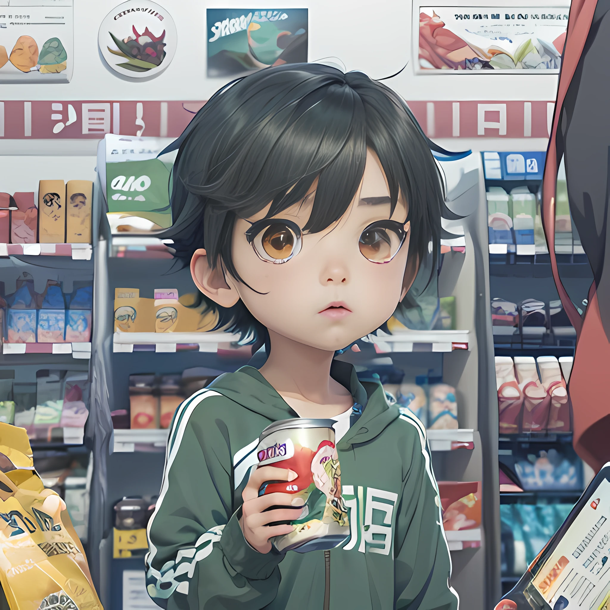 Anime girl in a grocery store holding a can of soda - SeaArt AI