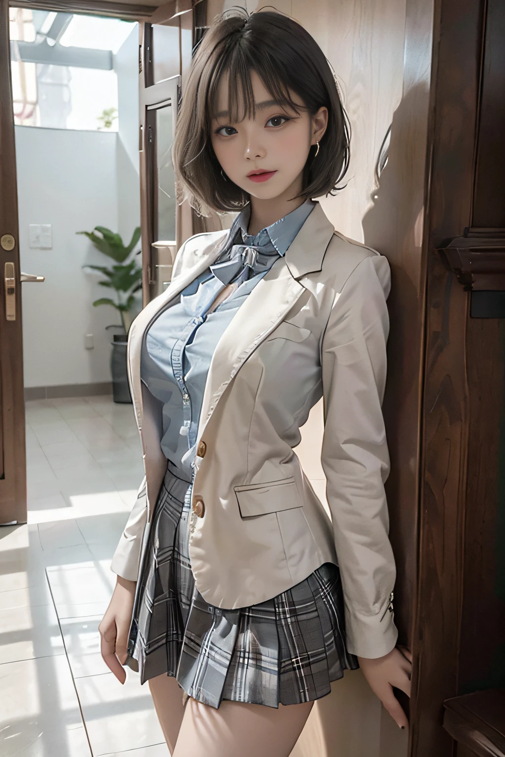 Best image quality, RAW photo, ultra-high resolution, taken from the side, gentle smile, 16-year-old Korean, very big breasts, fair skin, shiny white skin, short bob, bright silver hair, bright gray hair, neatly aligned bangs, blazer, tie, ribbon, , collared shirt, plaid skirt, beautiful eyes, beautiful eyes of random colors, very thin lips, beautiful eyes with details, elongated eyes, pale pink blush, long eyelashes, beautiful double eyelids, eyeshadow, beautiful thin legs, beautiful constrictions, earrings, necklaces, leaning against the wall of school, hallway, corridor