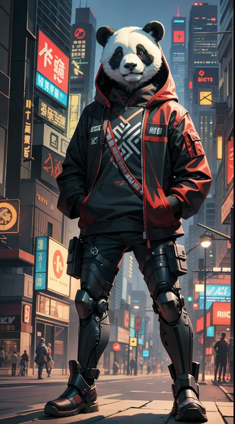 a cyborg chinese (panda:1.1), furry, kemono, anthro, solo, standing, hands in pockets, mechanical boots, mechanical arms, mechanical parts, hoodie, proud, looking afar, detailed face, detailed eyes, rooftop, city below, city lights, BREAK, illustration, cy...