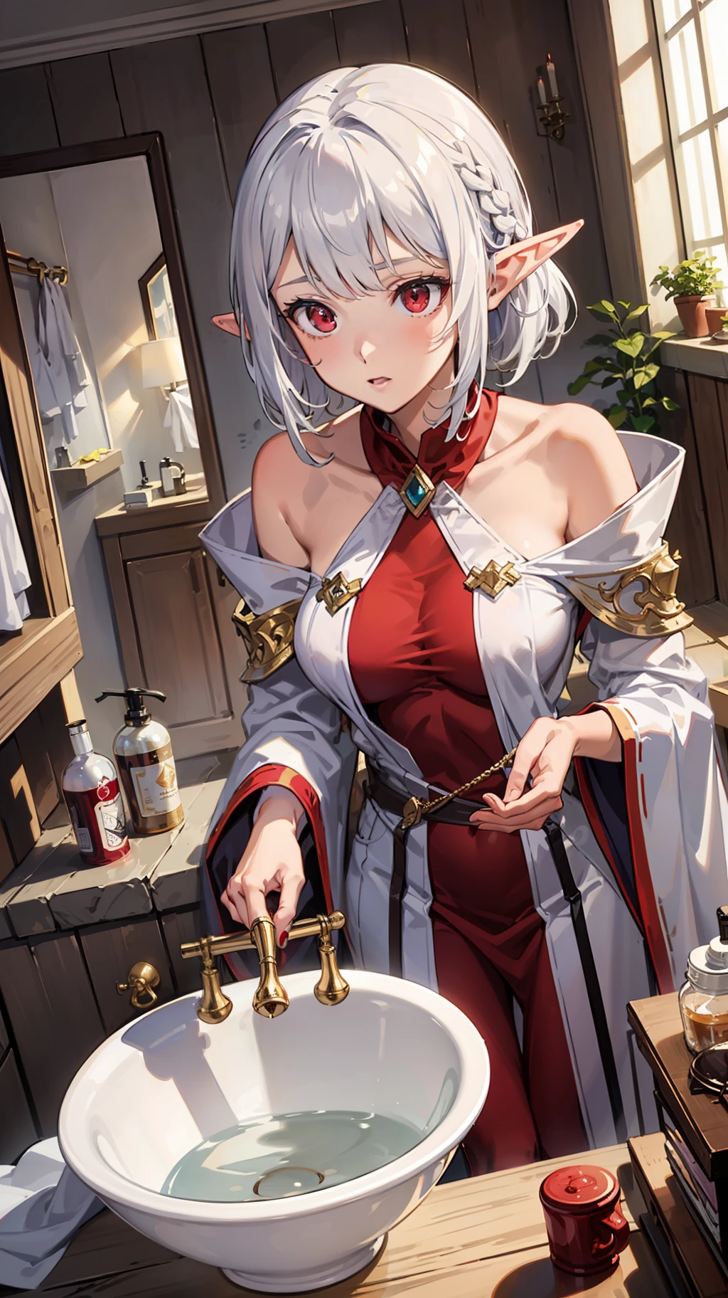 ((grab own breast)), (surprised)), (red face), 1 girl closeup, elf, silver hair, red eyes, braided hair, bob cut, wizard, robe, ruffle, tights, cloak, washroom, washbasin, mirror, ts, concept art, beautiful anime scene, beautiful anime scenery, best quality, masterpiece