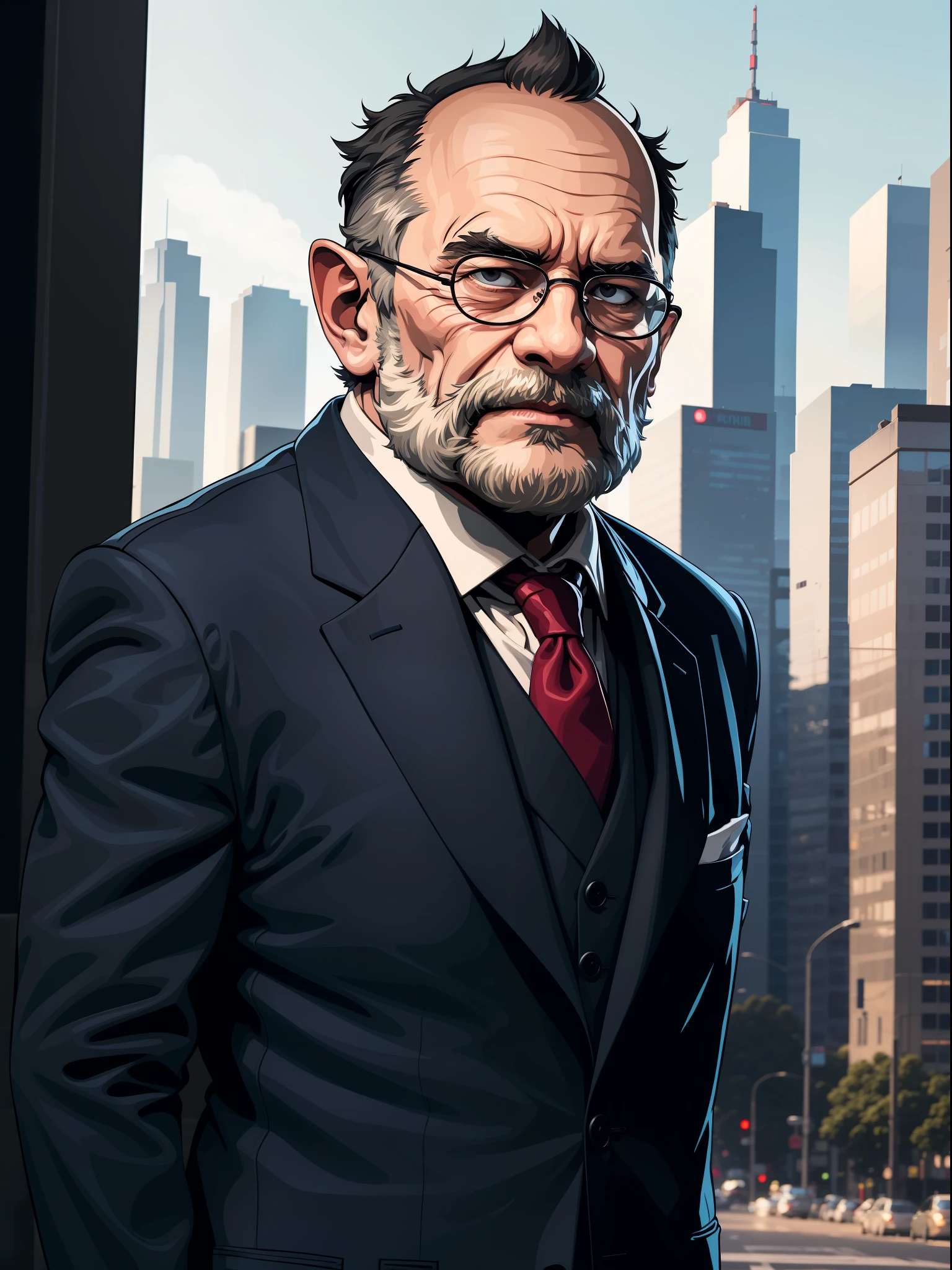 a portrait old man standing wearing suits, full body, mwvector, city background