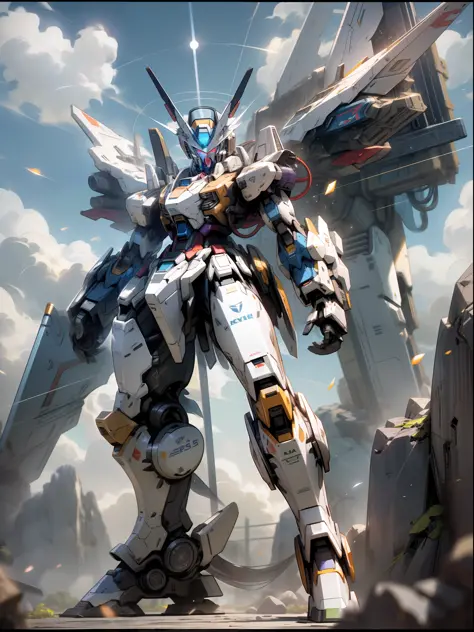 ((Best Quality)), ((Masterpiece)), (Very detailed: 1.3), 8K, cool painting, full of sci-fi, blue-purple giant Gundam MK2 with large mechanical wings, streamlined blue-purple armor with complex weapons and equipment behind it, Gundam humanoid mech, anime me...