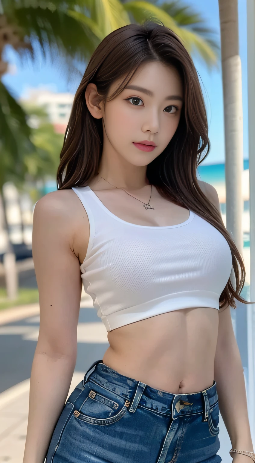 ((Top Quality, 8k, Masterpiece: 1.3)), Sharp Focus: 1.2, Beautiful Women in Perfect Style: 1.4, Slender Abs: 1.2, ((Dark Brown Hair, Big: 1.2)), Angel Face, Detailed Face, Beautiful Girl, Cute, White T-shrt, Jeans, Pendant, Waikiki Beach: 1.2, Palm Tree, (Front Shot), (Full Length Photo: 1.3,), Highly detailed face and skin texture, detailed eyes, double eyelids