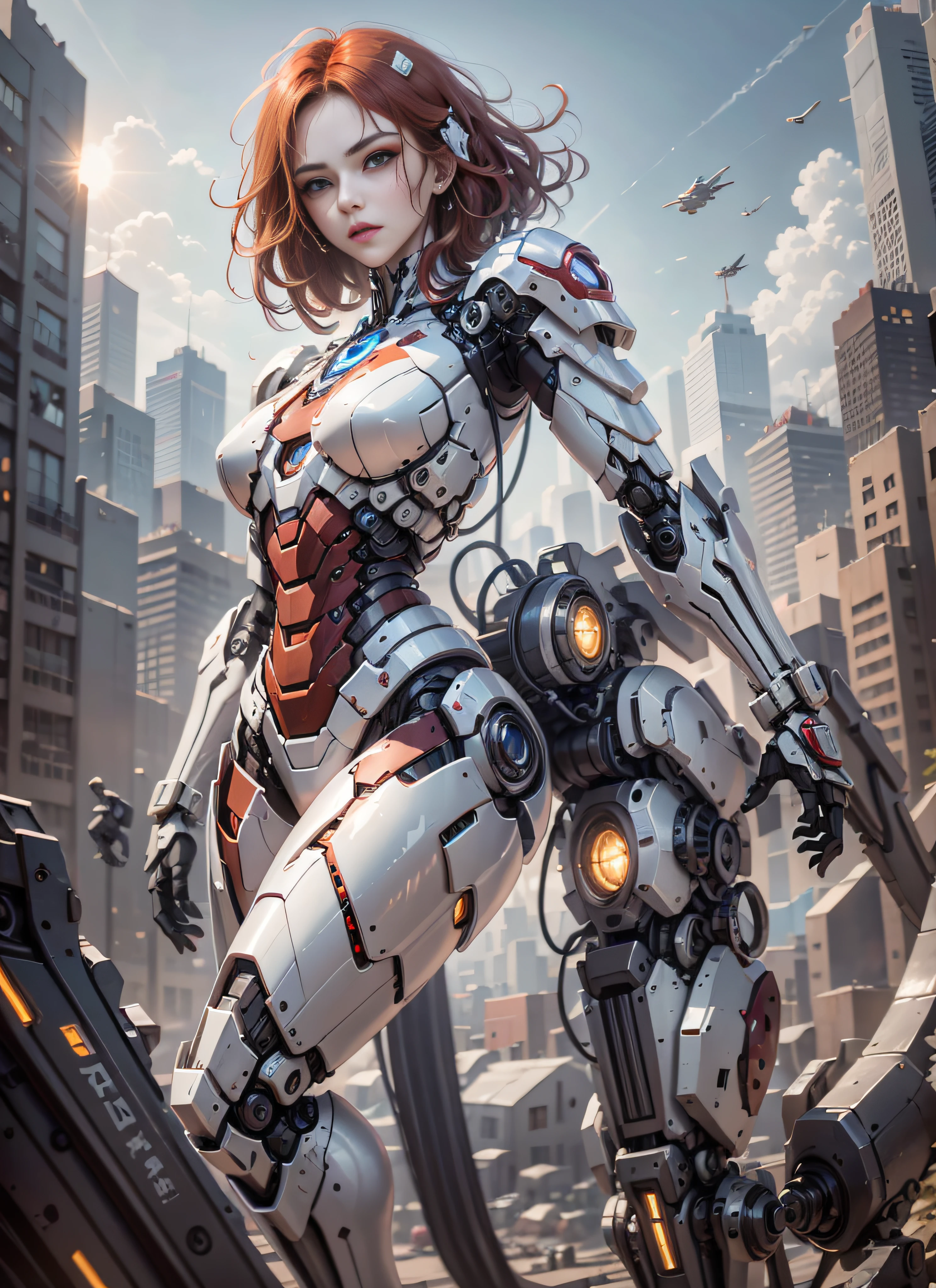 RAW, masterpiece, ultra thin photo, best quality, ultra high resolution, photorealistic, sunlight, full body portrait, incredibly beautiful, dynamic poses, sexy, delicate face, vibrant eyes, (red hair), she is using a futuristic Iron Man engine, red and gold color scheme, highly detailed robot factory background, detailed face, detailed and complex busy background,  messy, gorgeous, milky white, highly detailed skin, realistic skin details, visible pores, sharp focus, volumetric mist, 8k uhd, dslr camera, high quality, film grain, fair skin, photorealism, lomography, expanding metropolis in futuristic dystopia, view from below, translucent, cables connected to robots,