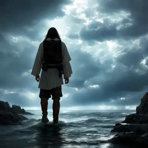 Ultra realistic photo,cinematic scene,jesus walking on water in the middle of a storm, masterpiece, best quality, high quality, ...