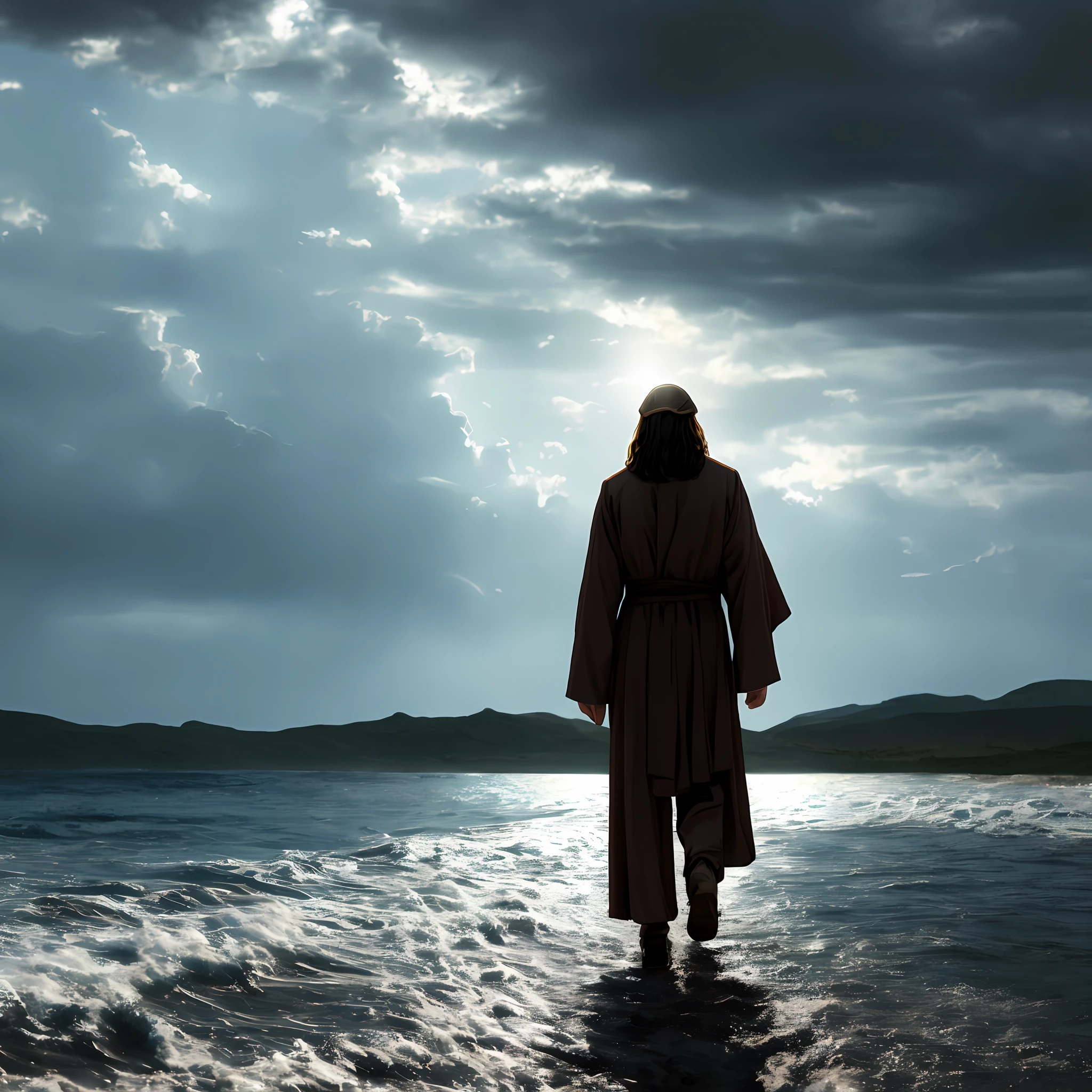 Ultra realistic photo,cinematic scene,jesus walking on water in the middle of a storm, masterpiece, best quality, high quality, 8k extremely detailed CG unit wallpaper, award-winning photography, Bokeh, Depth of Field, HDR, bloom, chromatic aberration, photorealistic, extremely detailed, trend in artstation, trend in CGsociety, intricate, high detail, dramatic, art in the middle of the journey,  Volumetric lighting