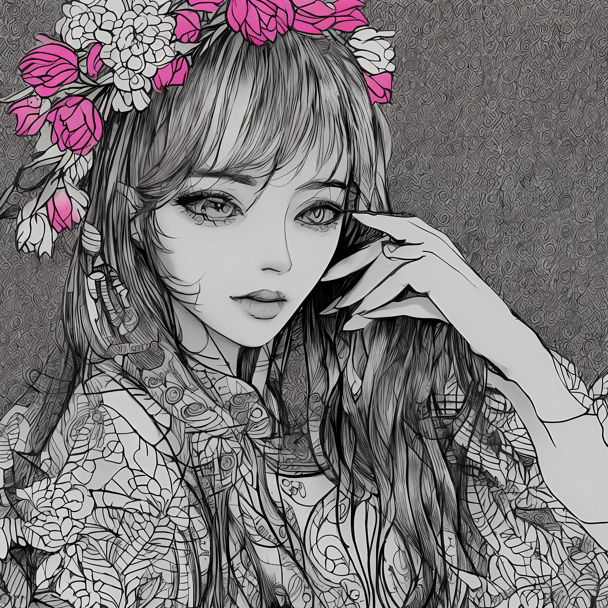 masterpiece, excellent quality, ultra detail, illustration, black and white monotone color, portrait, one girl, eye eyes, long hair, curly hair, bangs, hand bouquet, pink tulips, camera viewing side, snow white background, gradient background, suspenders, bare shoulders, modern dress --auto --v6 --s2