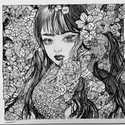 masterpiece, excellent quality, ultra detail, illustration, black and white monotone color, portrait, one girl, eye eyes, long h...