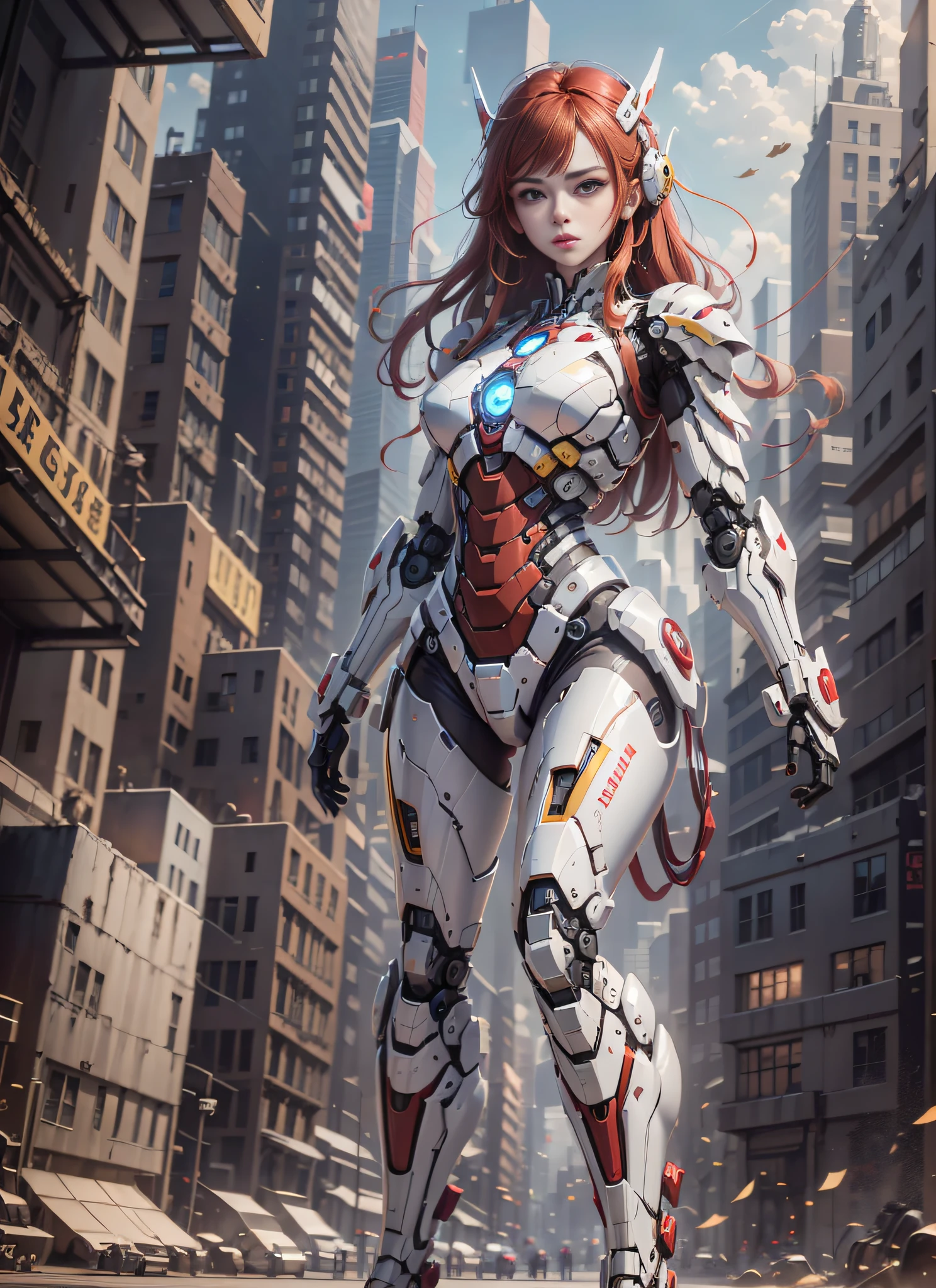 RAW, masterpiece, ultra thin photo, best quality, ultra high resolution, photorealistic, sunlight, full body portrait, incredibly beautiful, dynamic poses, sexy, delicate face, vibrant eyes, (red hair), she is using a futuristic Iron Man engine, red and yellow gold color scheme, highly detailed robot factory background, detailed face, detailed and complex busy background,  messy, gorgeous, milky white, highly detailed skin, realistic skin details, visible pores, sharp focus, volumetric mist, 8k uhd, dslr camera, high quality, film grain, fair skin, photorealism, lomography, expanding metropolis in futuristic dystopia, view from below, translucent, cables connected to robots,