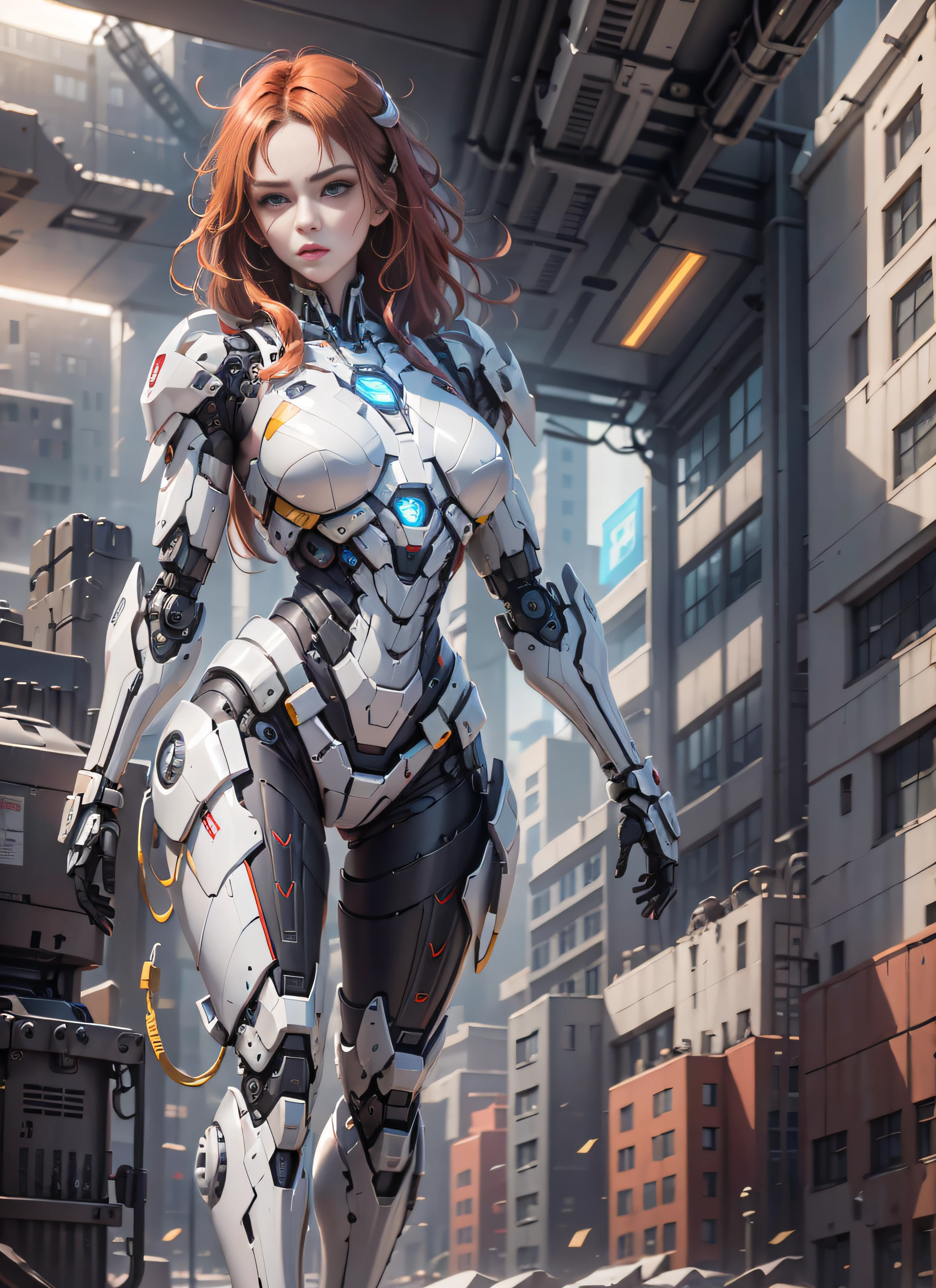 RAW, masterpiece, ultra thin photo, best quality, ultra high resolution, photorealistic, sunlight, full body portrait, incredibly beautiful, dynamic poses, sexy, delicate face, vibrant eyes, (red hair), she is using a futuristic Iron Man engine, red and yellow gold color scheme, highly detailed robot factory background, detailed face, detailed and complex busy background,  messy, gorgeous, milky white, highly detailed skin, realistic skin details, visible pores, sharp focus, volumetric mist, 8k uhd, dslr camera, high quality, film grain, fair skin, photorealism, lomography, expanding metropolis in futuristic dystopia, view from below, translucent, cables connected to robots,