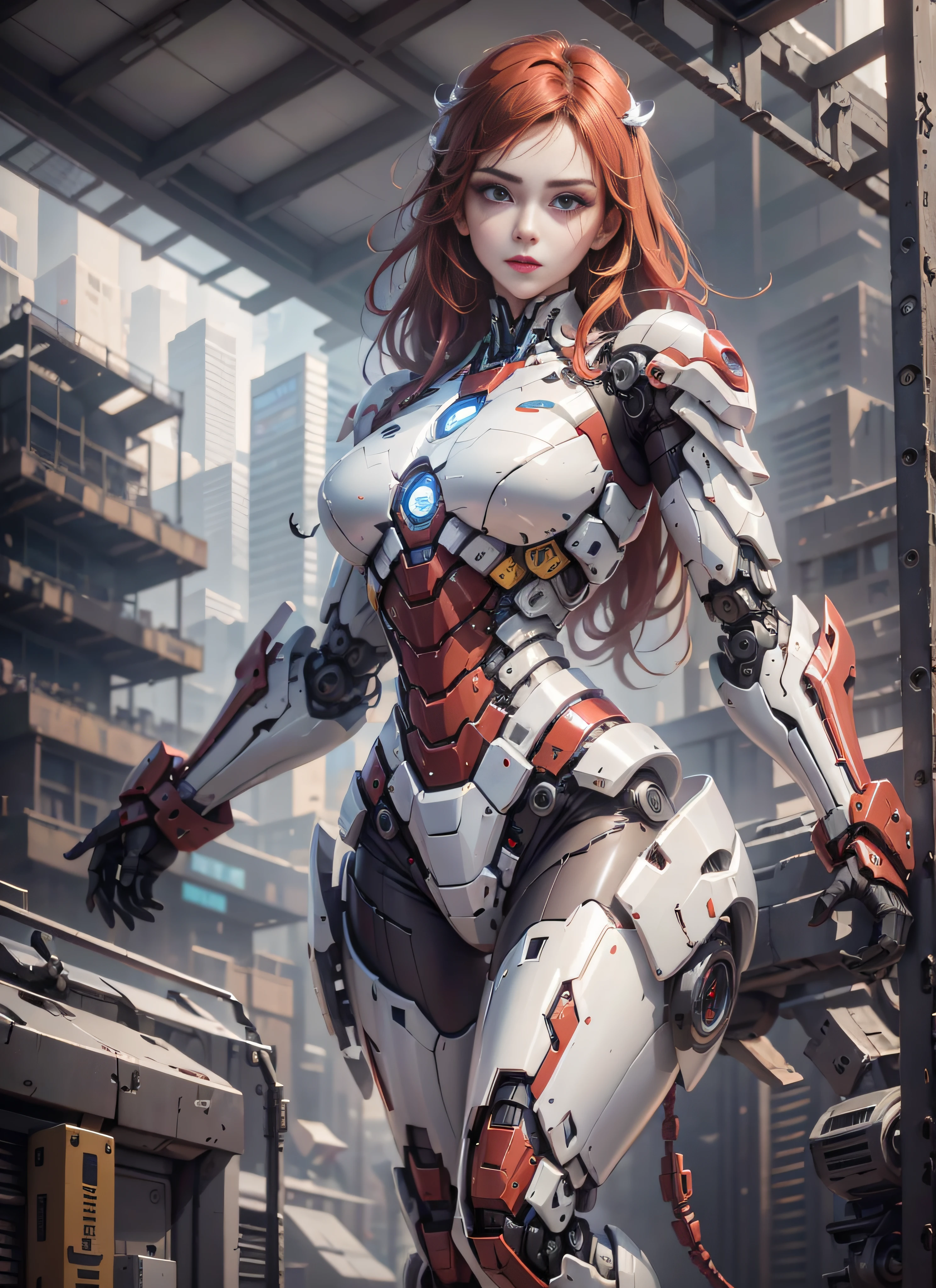 RAW, masterpiece, ultra thin photo, best quality, ultra high resolution, photorealistic, sunlight, full body portrait, incredibly beautiful, dynamic poses, sexy, delicate face, vibrant eyes, (red hair), she is using a futuristic Iron Man engine, red and yellow gold color scheme, highly detailed robot factory background, detailed face, detailed and complex busy background,  messy, gorgeous, milky white, highly detailed skin, realistic skin details, visible pores, sharp focus, volumetric mist, 8k uhd, dslr camera, high quality, film grain, fair skin, photorealism, lomography, expanding metropolis in futuristic dystopia, view from below, translucent, cables connected to robots,