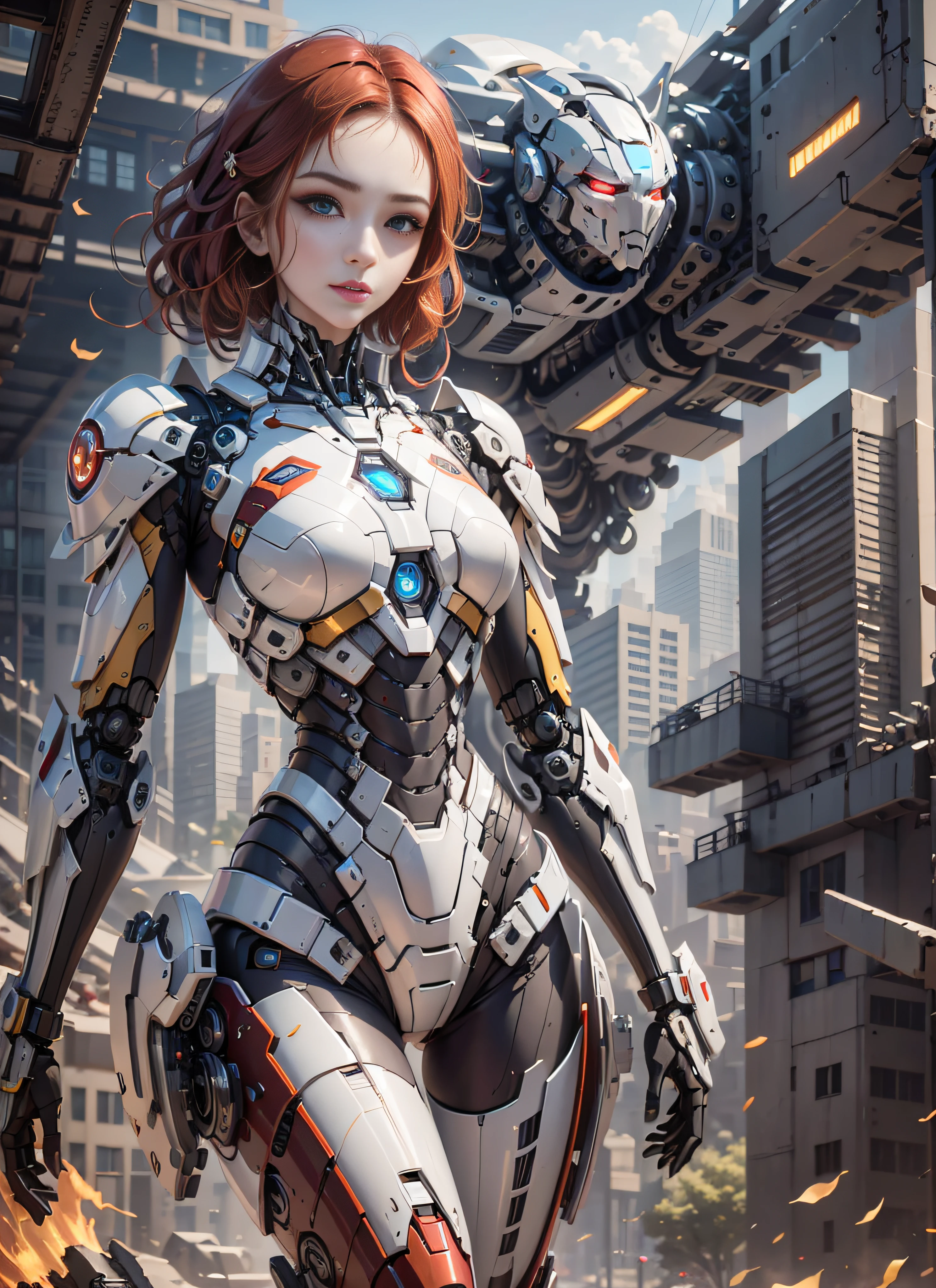 RAW, masterpiece, ultra thin photo, best quality, ultra high resolution, photorealistic, sunlight, full body portrait, incredibly beautiful, dynamic poses, sexy, delicate face, vibrant eyes, (red hair), she is using a futuristic Iron Man engine, red and yellow gold color scheme, highly detailed robot factory background, detailed face, detailed and complex busy background,  messy, gorgeous, milky white, highly detailed skin, realistic skin details, visible pores, sharp focus, volumetric mist, 8k uhd, dslr camera, high quality, film grain, fair skin, photorealism, lomography, expanding metropolis in futuristic dystopia, view from below, translucent, cables connected to robots,