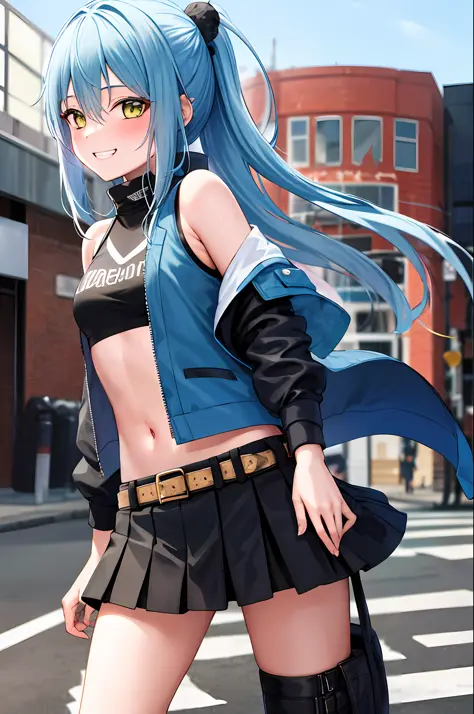 masterpiece, best quality, highres, rimuru tempest, blue hair, long hair, medium breasts, jacket, crop top, bare shoulder, show stomach, belt, pleated skirt, cowboy shot, standing, looking at viewer, city road, outdoor, modern city road, blush, shy, smile,...