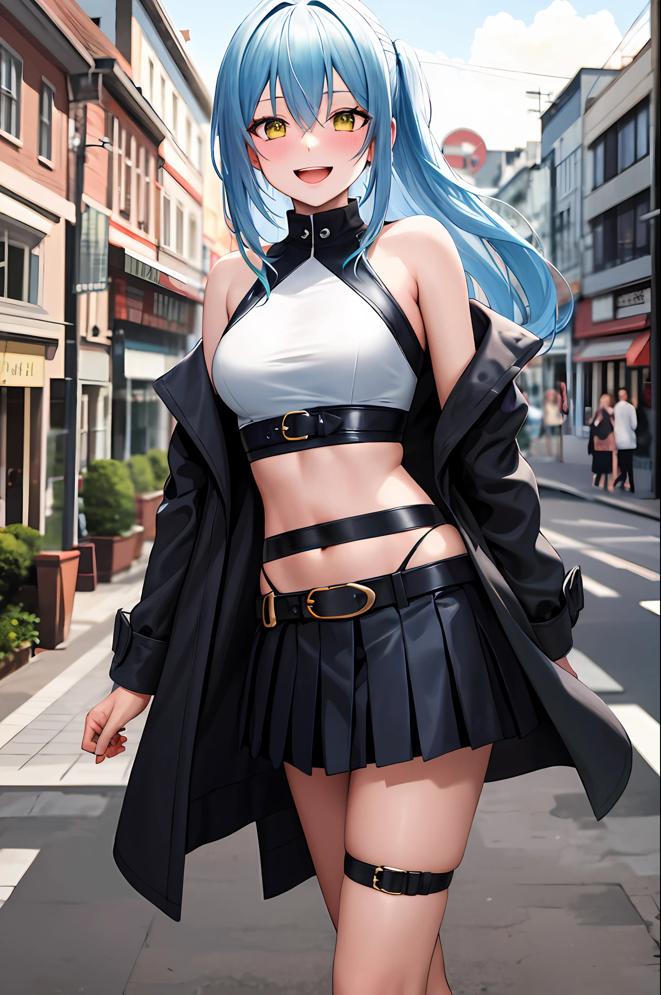 masterpiece, best quality, highres, rimuru tempest, blue hair, long hair, medium breasts, jacket, modern crop top, bare shoulder, show stomach, belt, pleated skirt, cowboy shot, standing, looking at viewer, city road, outdoor, modern city road, blush, shy, smile, open mouth,