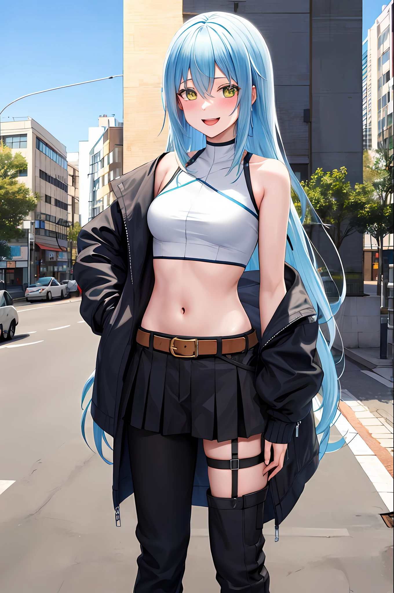 masterpiece, best quality, highres, rimuru tempest, blue hair, long hair, medium breasts, jacket, modern crop top, bare shoulder, show stomach, belt, pleated skirt, cowboy shot, standing, looking at viewer, city road, outdoor, modern city road, blush, shy, smile, open mouth,