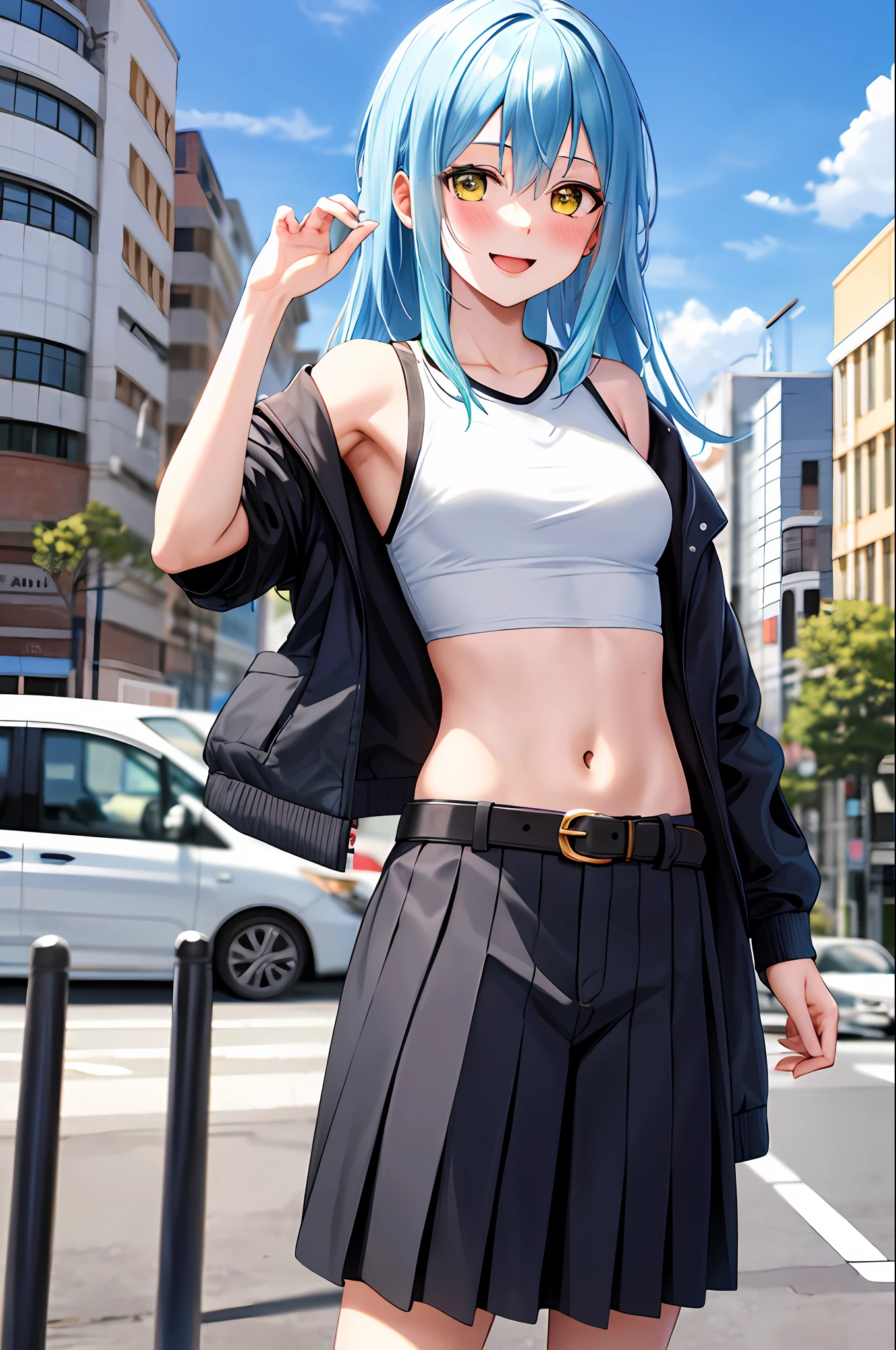 masterpiece, best quality, highres, rimuru tempest, blue hair, long hair, medium breasts, jacket, modern crop top, bare shoulder, show stomach, belt, pleated skirt, cowboy shot, standing, looking at viewer, city road, outdoor, modern city road, blush, shy, smile, open mouth,