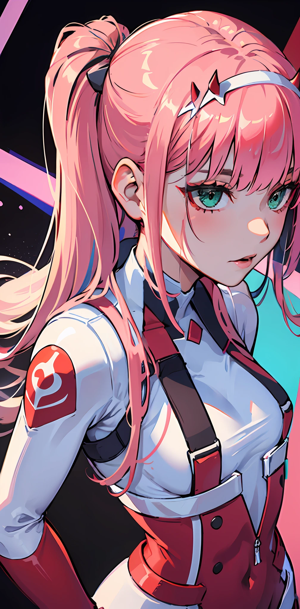 zero two \(darling in franxx\), darling in franxx, 1girl, side, fringe, selfie, bite, shadow, green eyes, hair behind head, horns, long hair, makeup, small breasts, pilot suit, white bodysuit, pink hair, red eyeshadow, science fiction, tight skin, solo