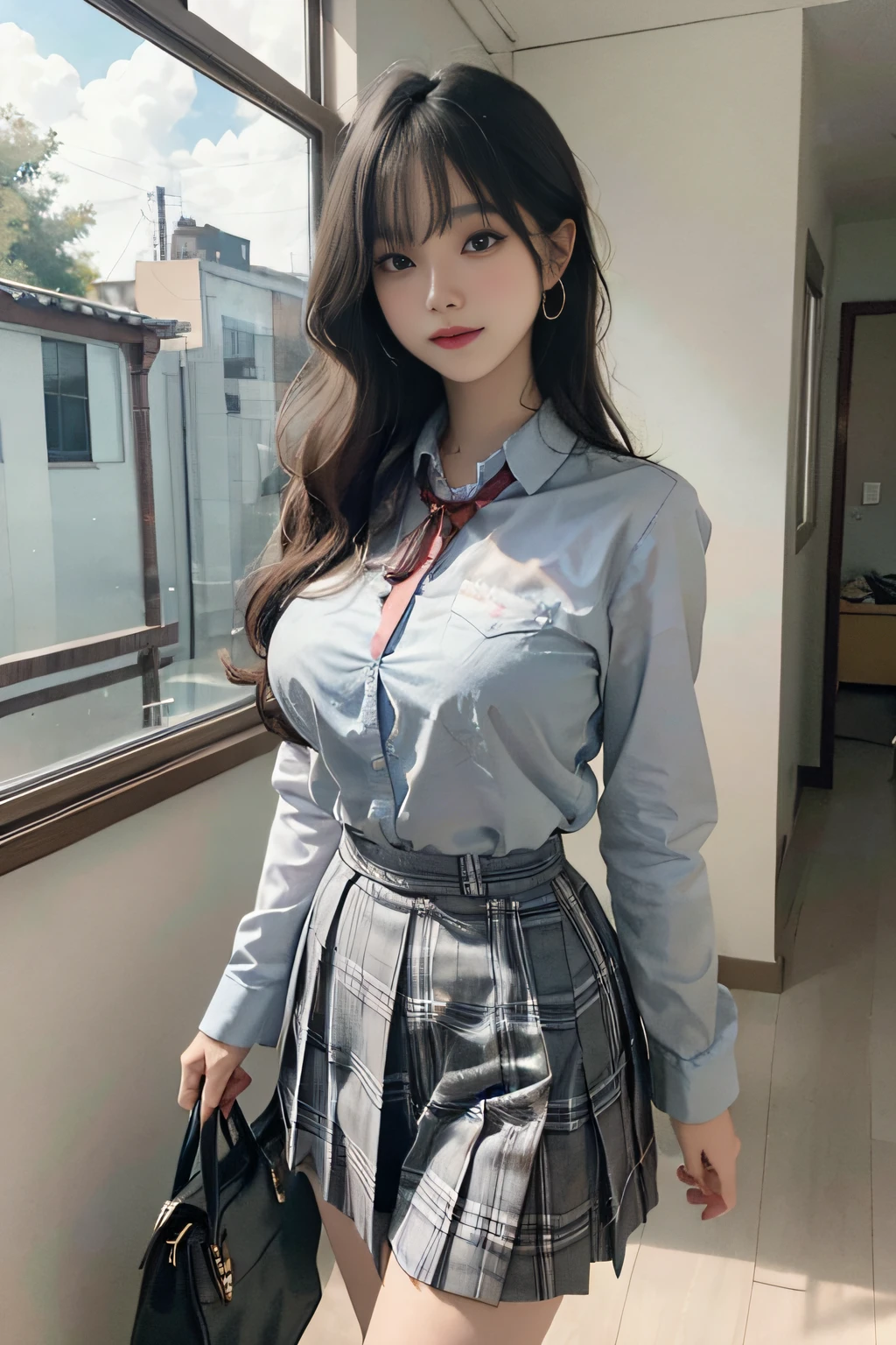 Best image quality, RAW photo, super high resolution, taken from the side, gentle smile, 16 years old Korean, very big breasts, tie, ribbon, school uniform, collared shirt,  shirt, plaid skirt, fair skin, shiny white skin, short bob, bright silver hair, bright gray hair, neatly aligned bangs, beautiful eyes, beautiful eyes of random colors, very thin lips, beautiful eyes with details, elongated eyes, pale pink blush, long eyelashes, beautiful double eyelids, eyeshadow, earrings, necklace, school, pitch-black hallway, standing next to the wall, holding a string in hand