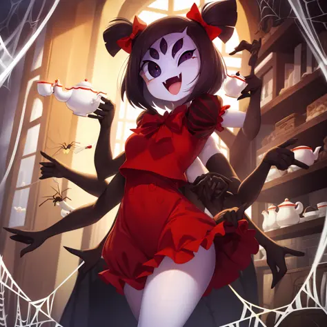 masterpiece, best quality, a beautiful and detailed portriat of muffet,(muffetwear), monster girl,((purple body:1.3)),humanoid, ...