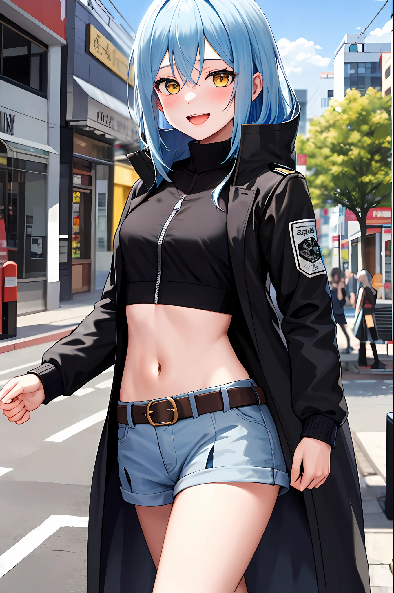 masterpiece, best quality, highres, rimuru tempest, blue hair, long hair, medium breasts, black jacket, modern crop top, v neck shirt, black long jacket, black long coat cleveage, show stomach, belt, pleated skirt, cowboy shot, standing, looking at viewer, city road, outdoor, modern city road, blush, shy, smile, open mouth,